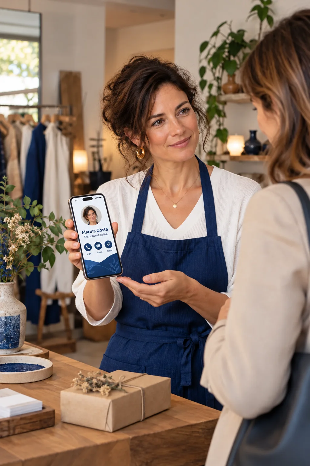 Empreendedora apresentando seu contato digital a uma cliente em sua loja